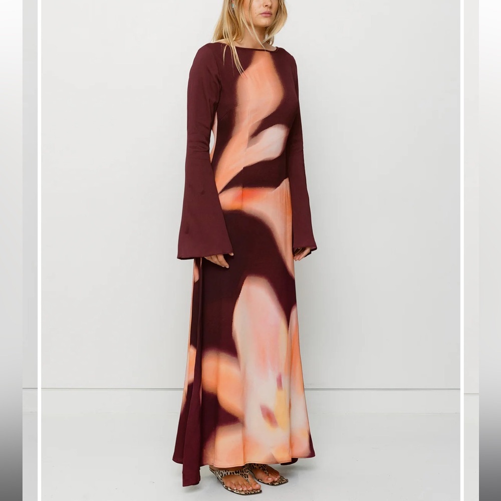 The WOLF GANG Leona Maxi Dress with flare sleeve and florals burgundy dress SZ S - Picture 4 of 16